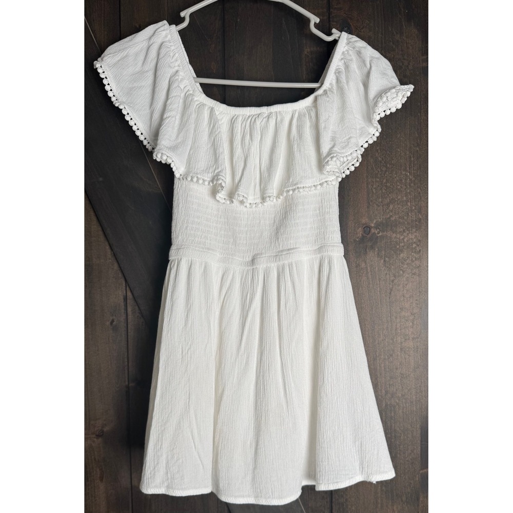 J for Justify White Romper Mini Dress Ruffle Off Shoulder‎ Pom Pom Trim Small - Picture 8 of 8
